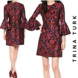 Trina Turk NWT Splendid Floral Jacquard Crew Neck Bell Sleeve Dress, Size 6